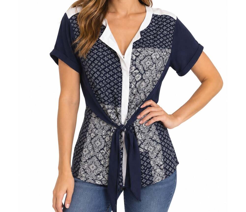 Daisy Fuentes Womens Large Navy Paisley Patchwork Tie Waist Tunic Blouse Top